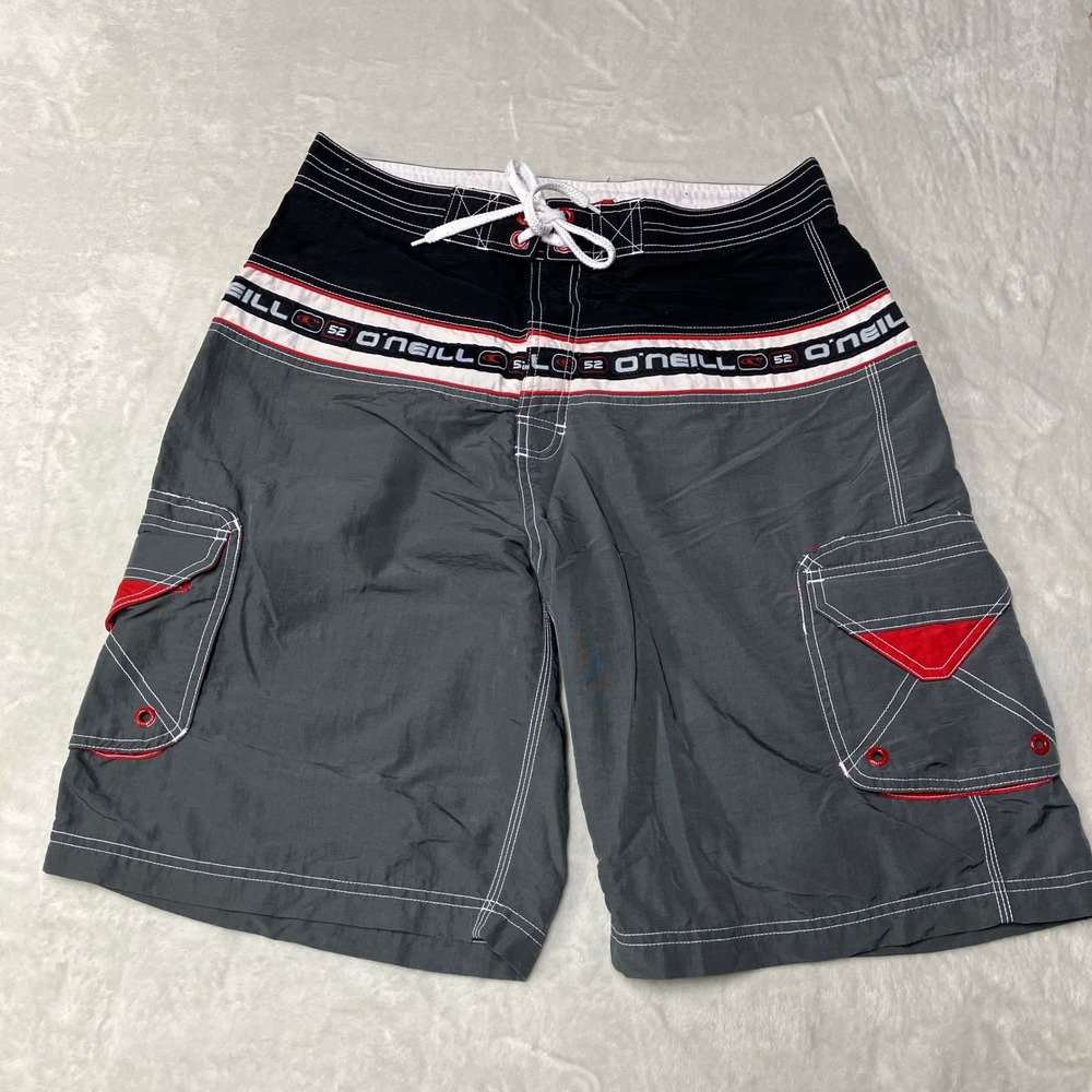 Vintage Y2K O'Neill Boardshorts Swim Cargo Logo Grey‎ Red Mallgoth Mens 32